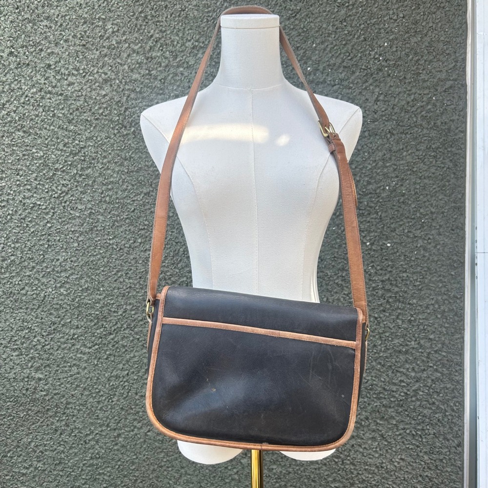 Vintage 80s 90s Coach Leather Crossbody Bag Black Tan Messenger - Picture 6 of 10